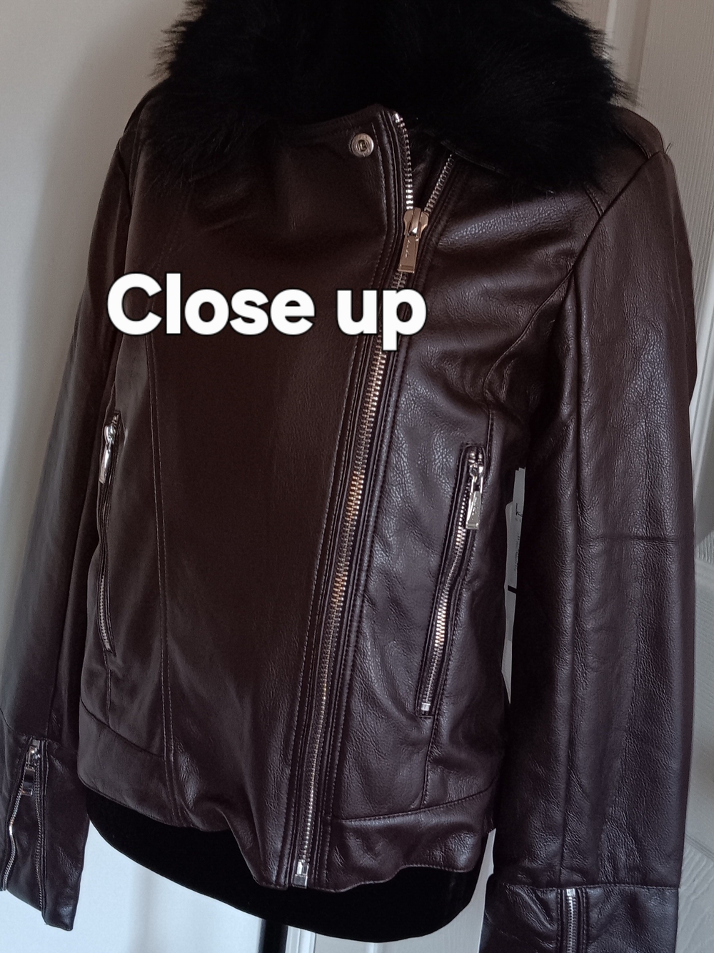 Nicole Miller Brown Faux Fur Trim Faux Leather Jacket Women's Size M NWT - Picture 2 of 6